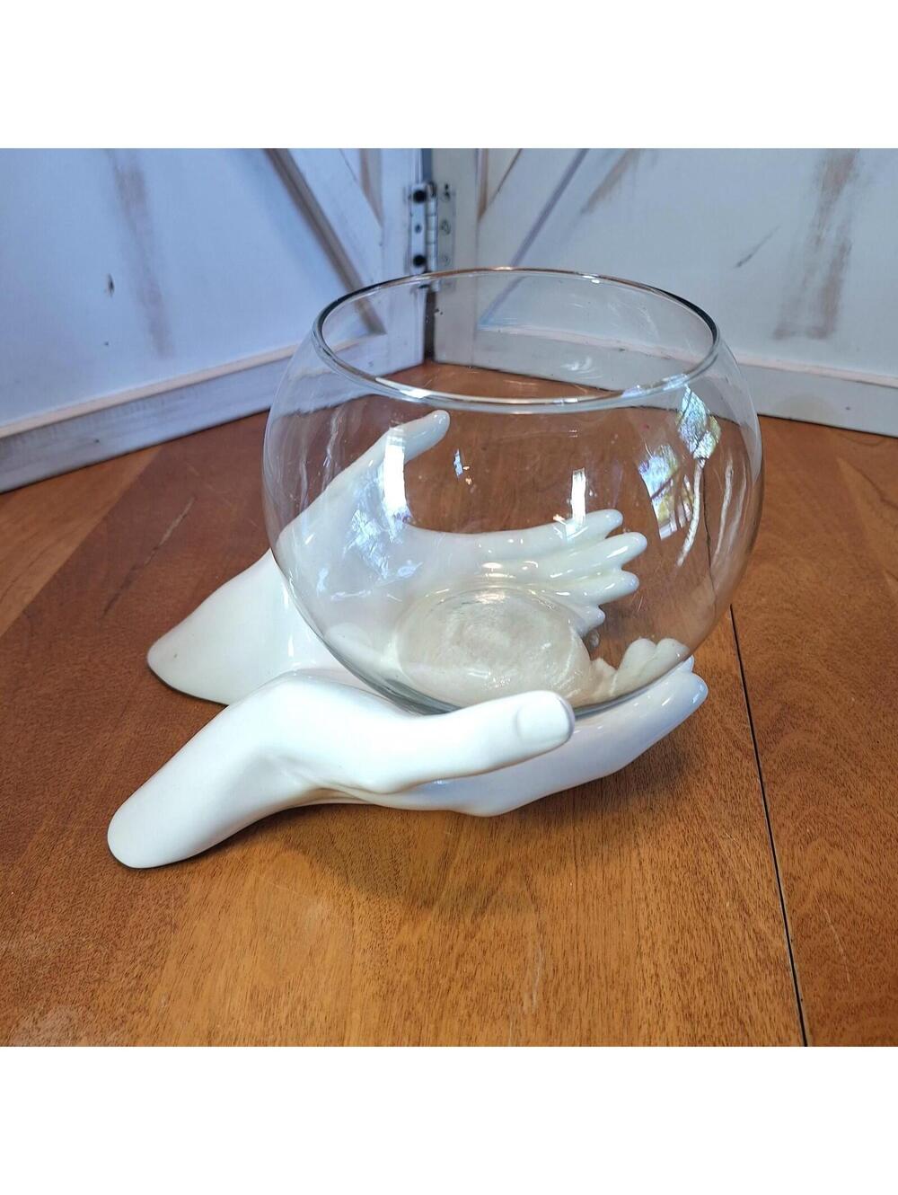 Nancy Funk Ceramics White Cupped Hands Holding Clear Glass Fish Bowl USA 5.75"H